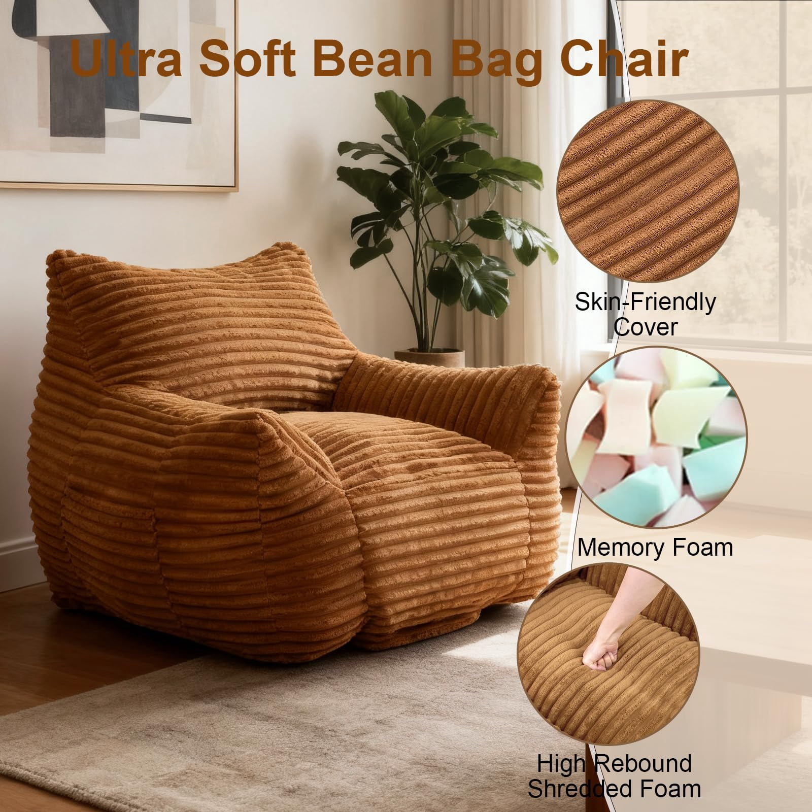Peispie Giant Bean Bag Chair for Adults, Wide Seat Comfy Corduroy Floor Sofa with Armrests, Shredded Memory Foam Lazy Lounger, Oversized Gaming & Reading Chair for Bedroom 400LBS, Brown