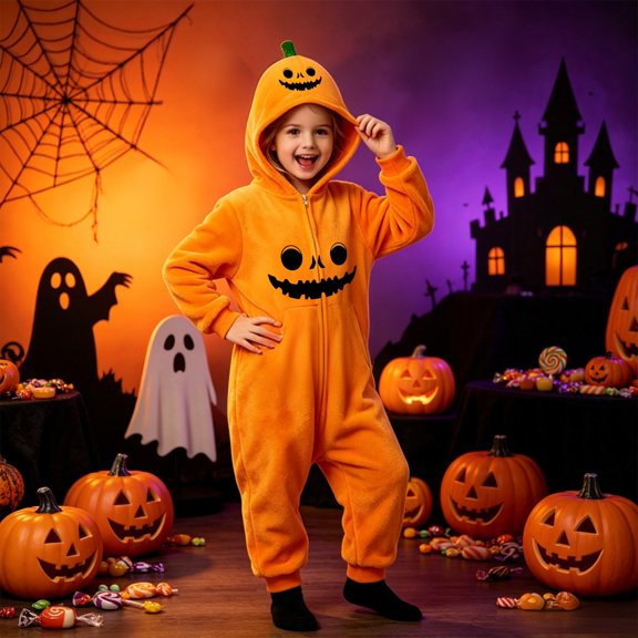 Kids Pumpkin Onesie Halloween, Orange Face Warm Jumpsuit for Boys and Girls