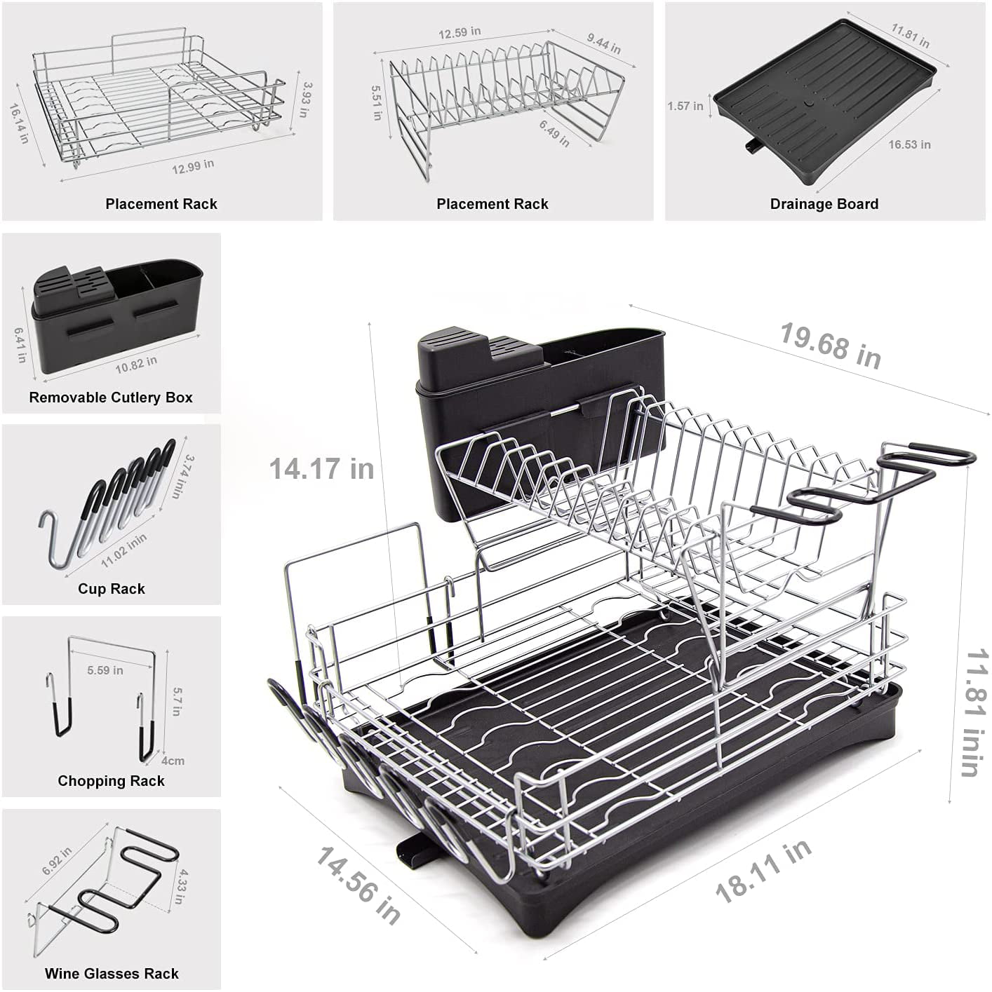 VNKZI Dish Drying Rack, 2 Tier Stainless Steel Multifunctional Large Dish  Rack with Drainboard Set, Wine Glass Holder, Utensil Cutting Board Holder,  Extra Drying Mat Set, for Kitchen Counter (Black) - Yahoo Shopping