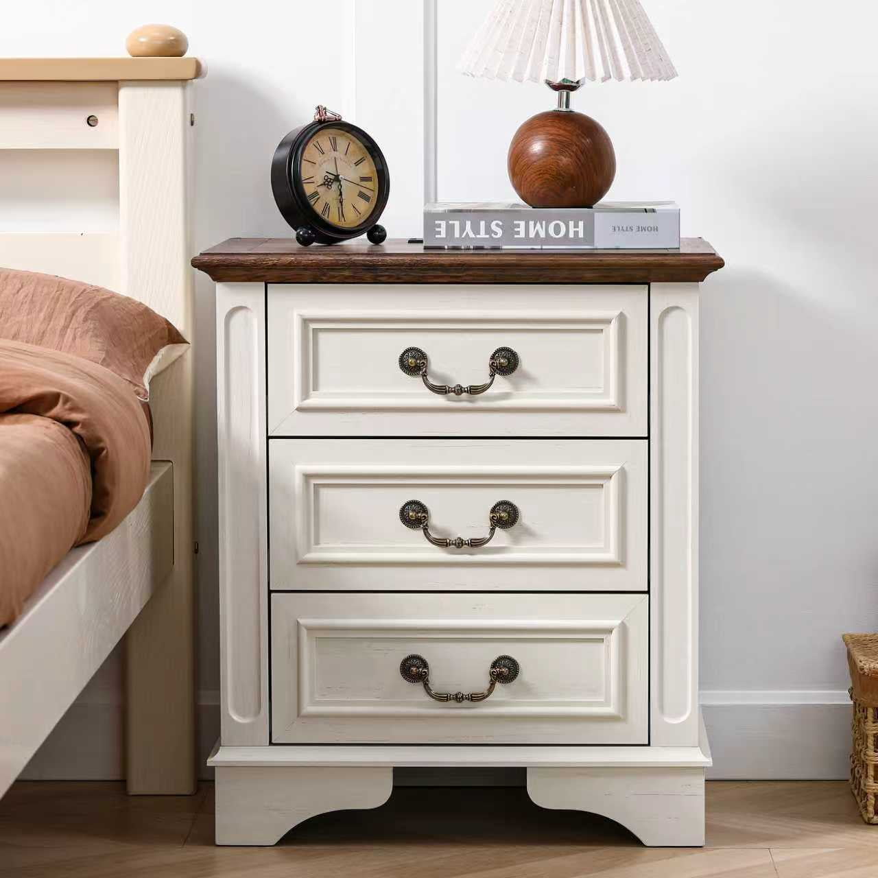 FIAKOA Farmhouse 3 Drawer Nightstand set of 2 for Bedroom, Rustic Bedside Table for Livingroom, White