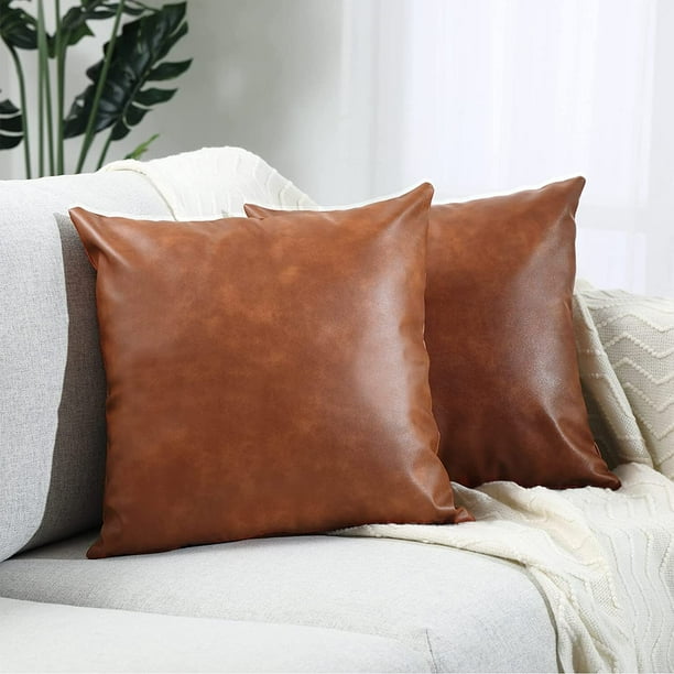 GALMAXS7 2 Brown Faux Leather Pillow Cover Decorative Square Throw Pillow Covers Cushion Cases