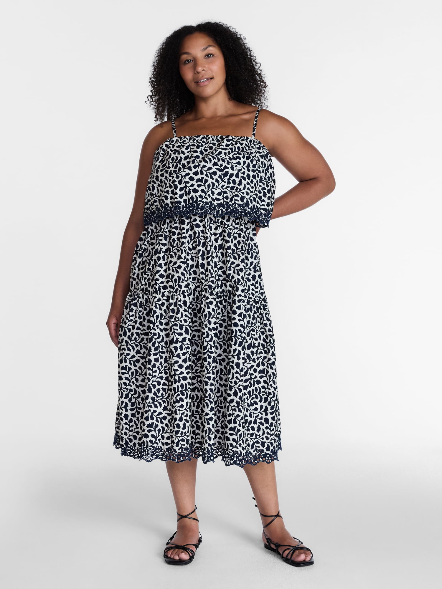 Time and Tru Women's and Women's Plus Sleeveless Cotton Midi Dress with Eyelet Trim, Sizes XS-4X