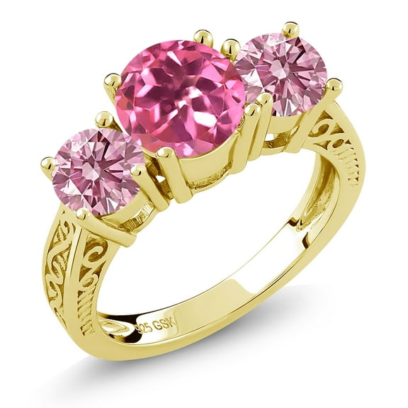 Gem Stone King 18K Yellow Gold Plated Silver Pink Mystic Topaz and Pink Lab Grown Diamond Engagement Ring for Women | 2.65 Cttw | Round 7MM | Gemstone November Birthstone | Size 7
