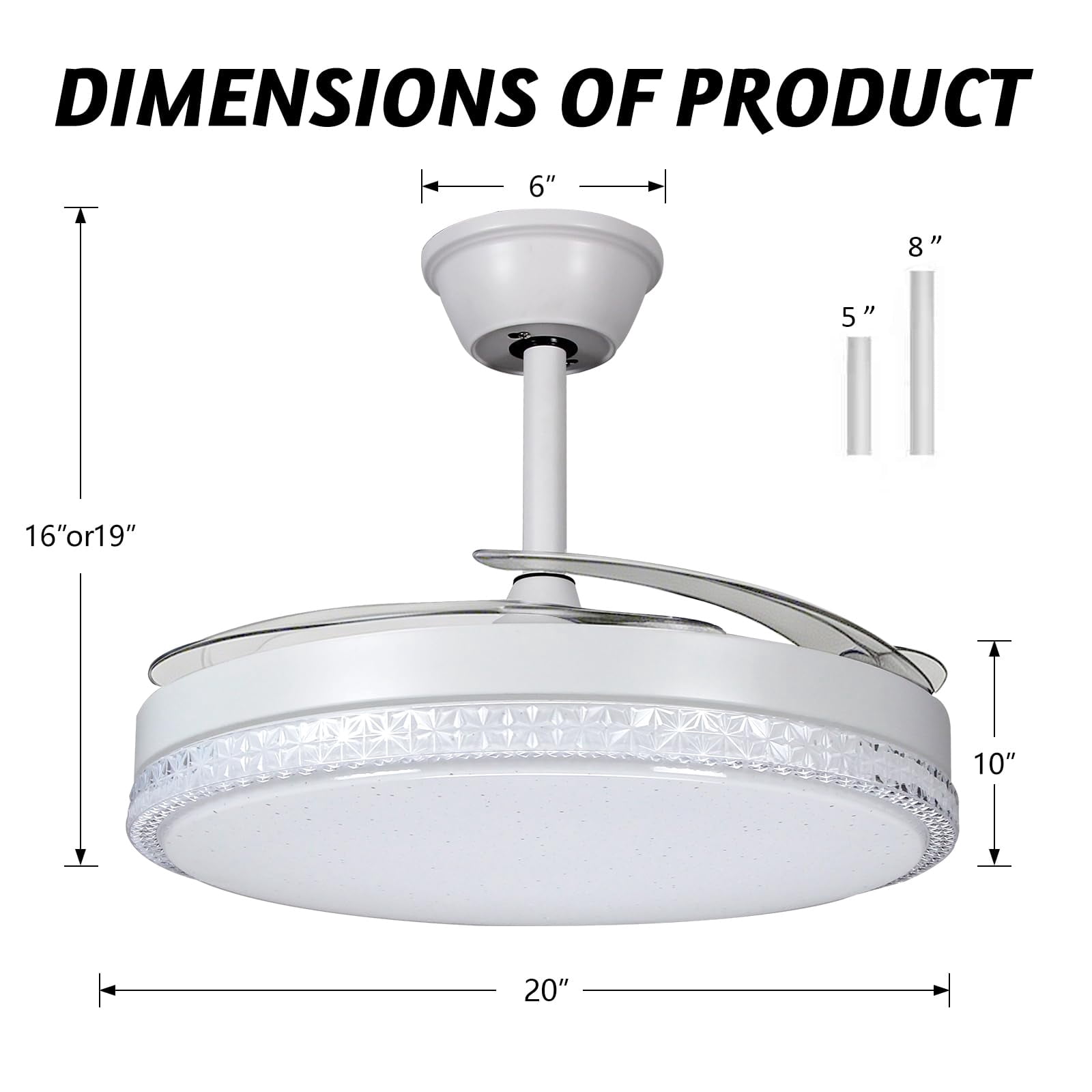 RJFKSNC 42" Retractable Ceiling Fan with Light,Acrylic chandelier, Dimmable LED 3000K-6500K, 6 Speeds, Reversible Motor, Remote & APP Control, for Living Room Bedroom Dining Room