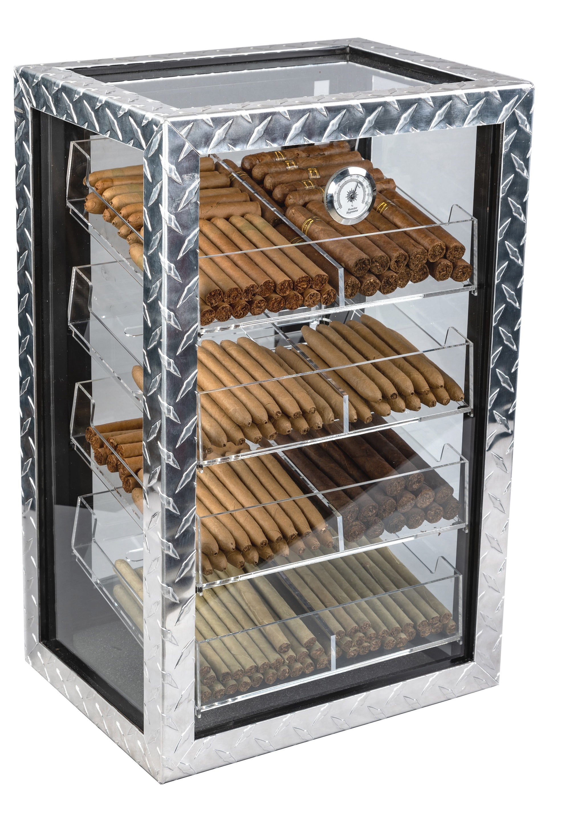 Prestige Import Group - The Diamond Plate & Glass Sides Countertop Display Humidor - Capacity: 250 - Color: Polished Metal & Glass