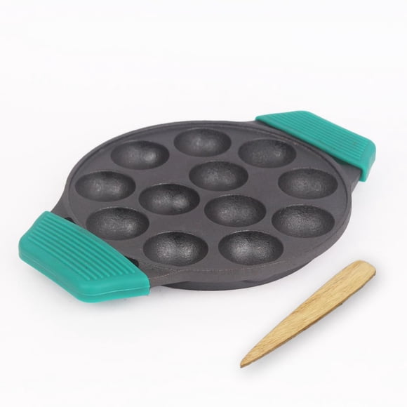 Pre-seasoned Black Cast Iron Paniyaram Pan With Spatula & Silicon Grip | Medium, 12 Pits, 8.3 Inch, 21 Cm, 2 Kg | Induction Friendly | Nonstick