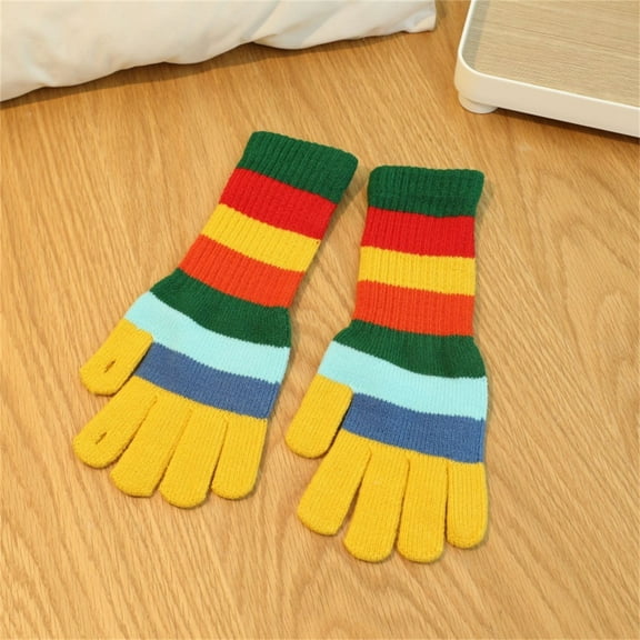SYMOID Womens Yellow Rainbow Striped Acrylic Knitted Gloves - Warm Free Size Winter Gloves for Cold Weather, Finger-Separated Design,Size Free Size