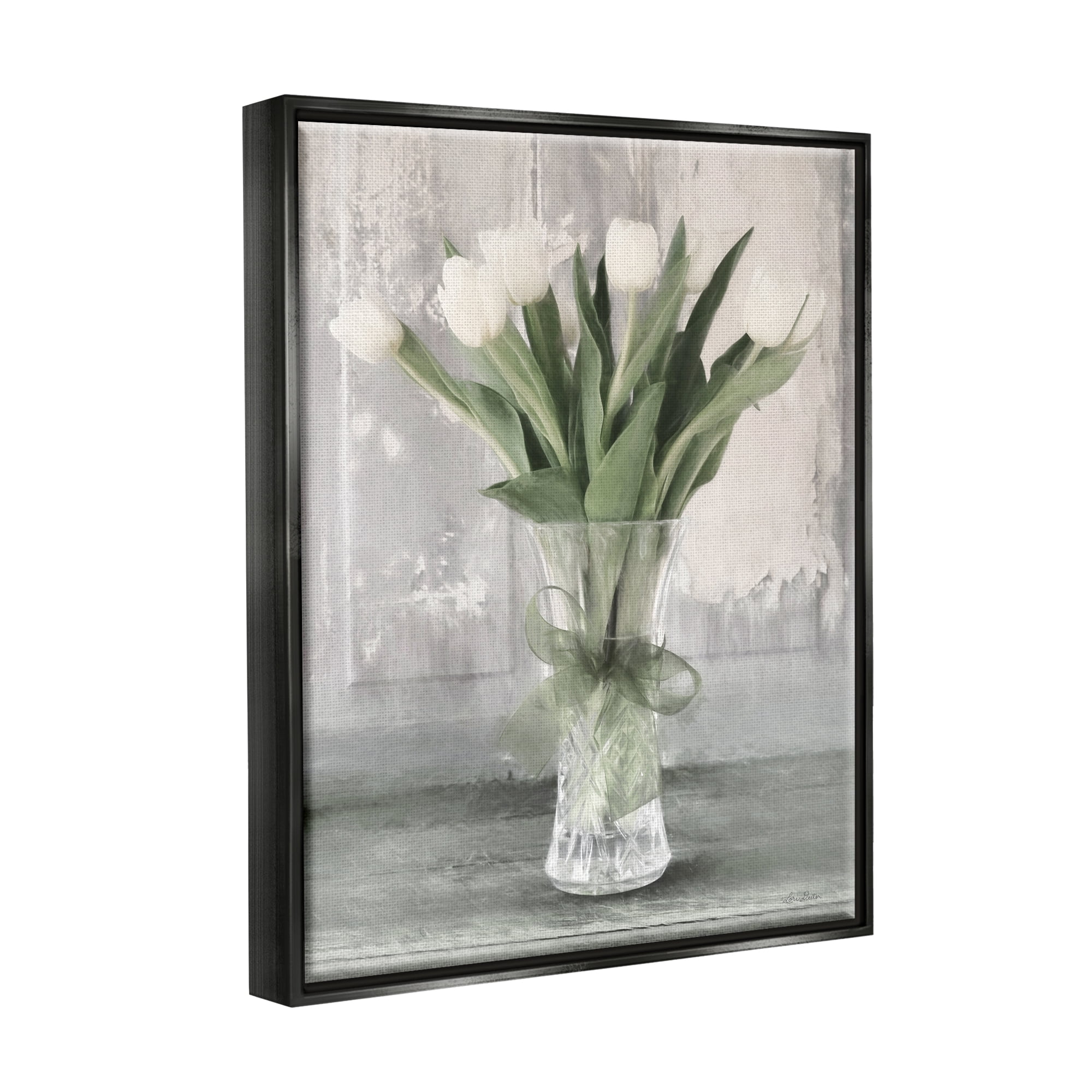 Stupell Farmhouse Distressed White Tulips Botanical & Floral Painting Black Floater Framed Art Print Wall Art