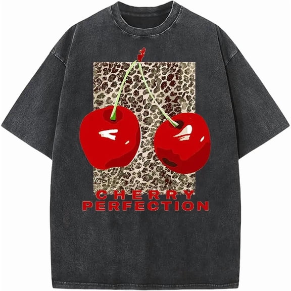 Women's Oversized Graphic Tees Cherry T Shirts Washed Vintage Casual Summer Baggy Cotton Tops Cute Grunge Shirt
