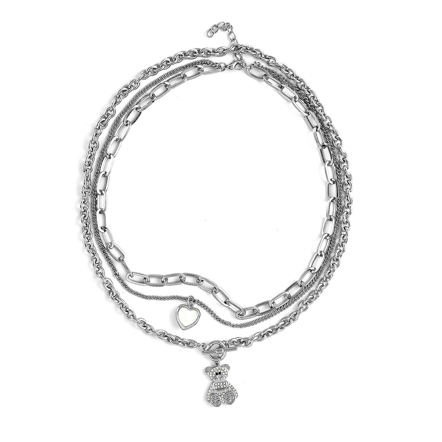 Resin White Crystal Mix Silvertone Layered Necklace with Teddy Bear Charm for Women Jewelry for Women Size 20.5-22.5" Ct 1.66 Birthday Christmas Gifts