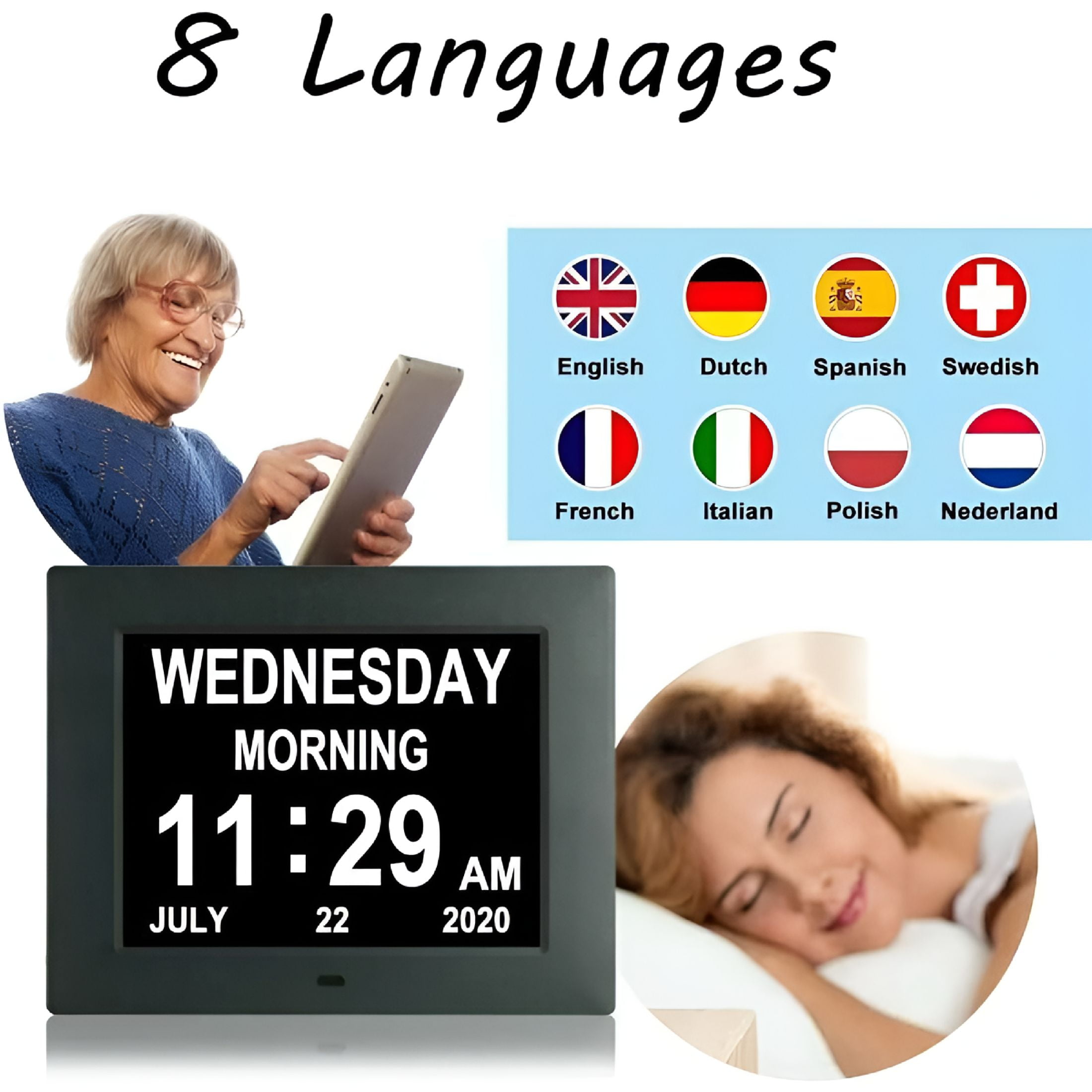 DESIGNICE 2026 New Clock Digital Clock with Extra Large Unabbreviated Day Calendar Day Date Time Clocks for Elderly Visually Impaired Memory Loss + 8 Alarm Reminders-7 Inch Black