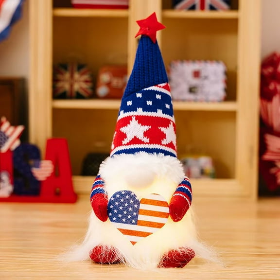 Diceymbol Independence Day Light-Up Gnome Decor 5.5 Inch Knitted Rudolf Doll with LED Illumination Battery-Powered Patriotic Tabletop Decor for 4th July & Summer Nights