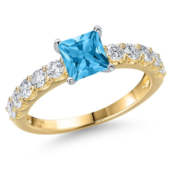 Gem Stone King 14K Two Tone Gold Swiss Blue Topaz and Lab Grown Diamond Engagement Ring for Women | 1.45 Cttw | Princess 5MM | Gemstone November Birthstone | Size 7