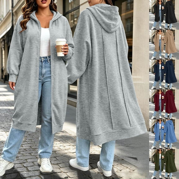 Women's Plus Size Loose Fit Solid Color Hooded Zip Up Long Coat Jacket Outerwear Casual Trendy Outfits | CSEONE,Black L