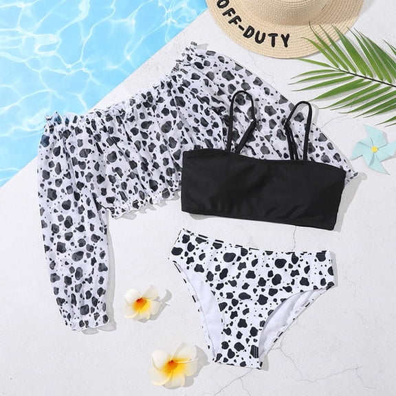 Swimsuit for Girls 2 Piece Tankini Set Spot Print Spaghetti Straps And Cover Up for Hawaiian Baby Bathing Suit Girl Black 9-10 Years