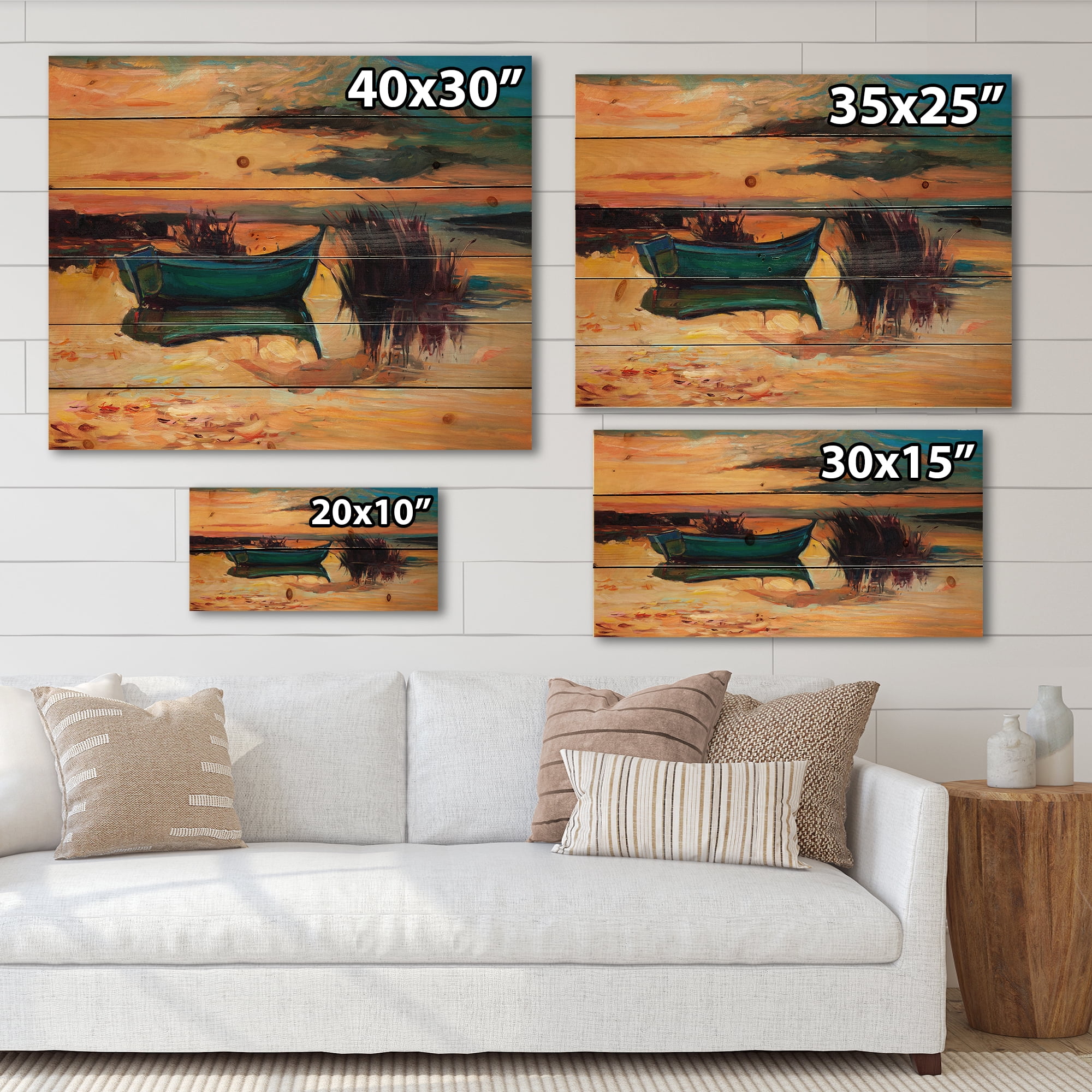 Designart 'Boat At The Lake During Evening Glow I' Nautical & Coastal Print on Natural Pine Wood