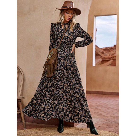 Black Ditsy Floral Maxi Dress With Ruffle Trim And Tie Neck