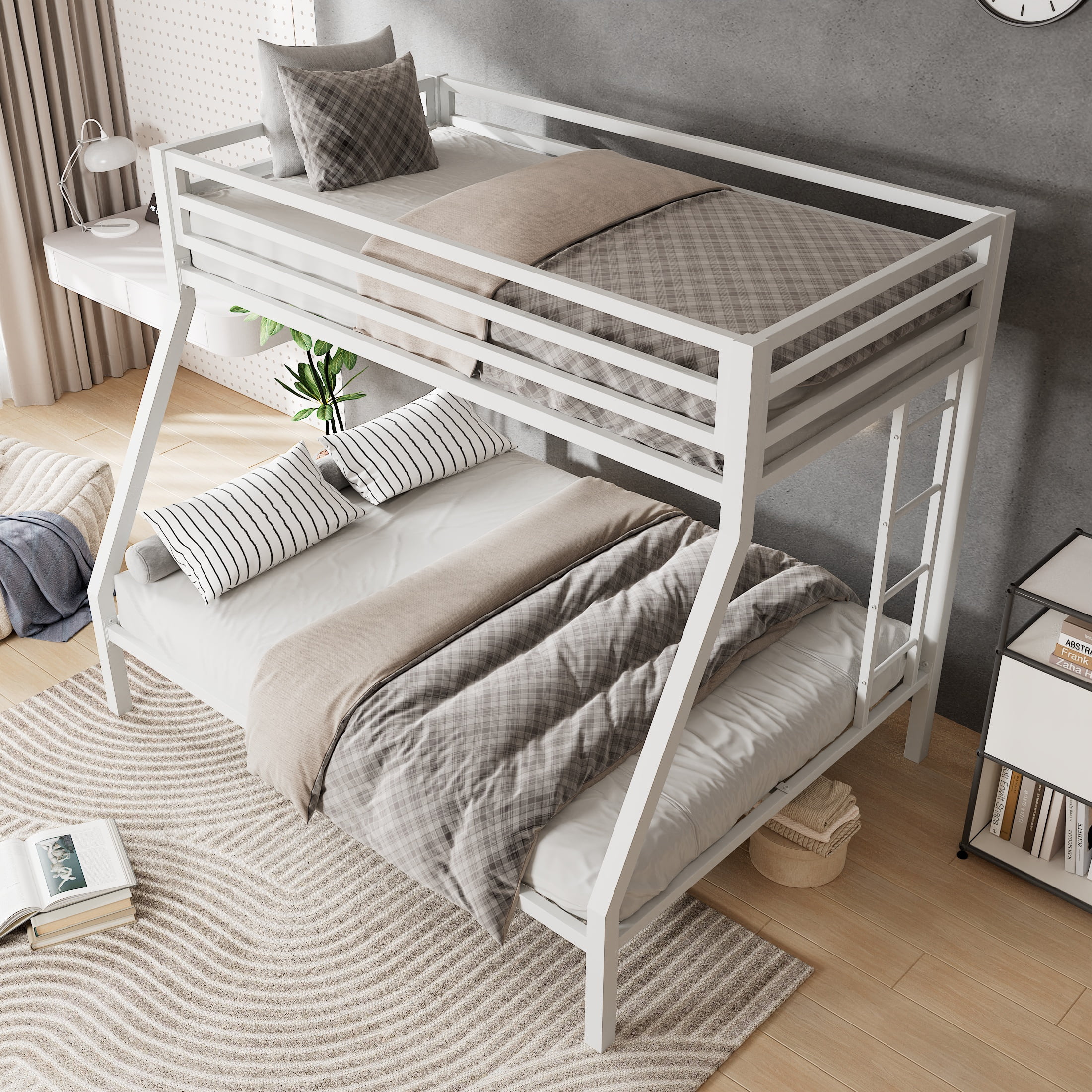 Amolife Twin over Full Size Metal Bunk Bed with Removable Ladder, Full-Length Guardrail, White