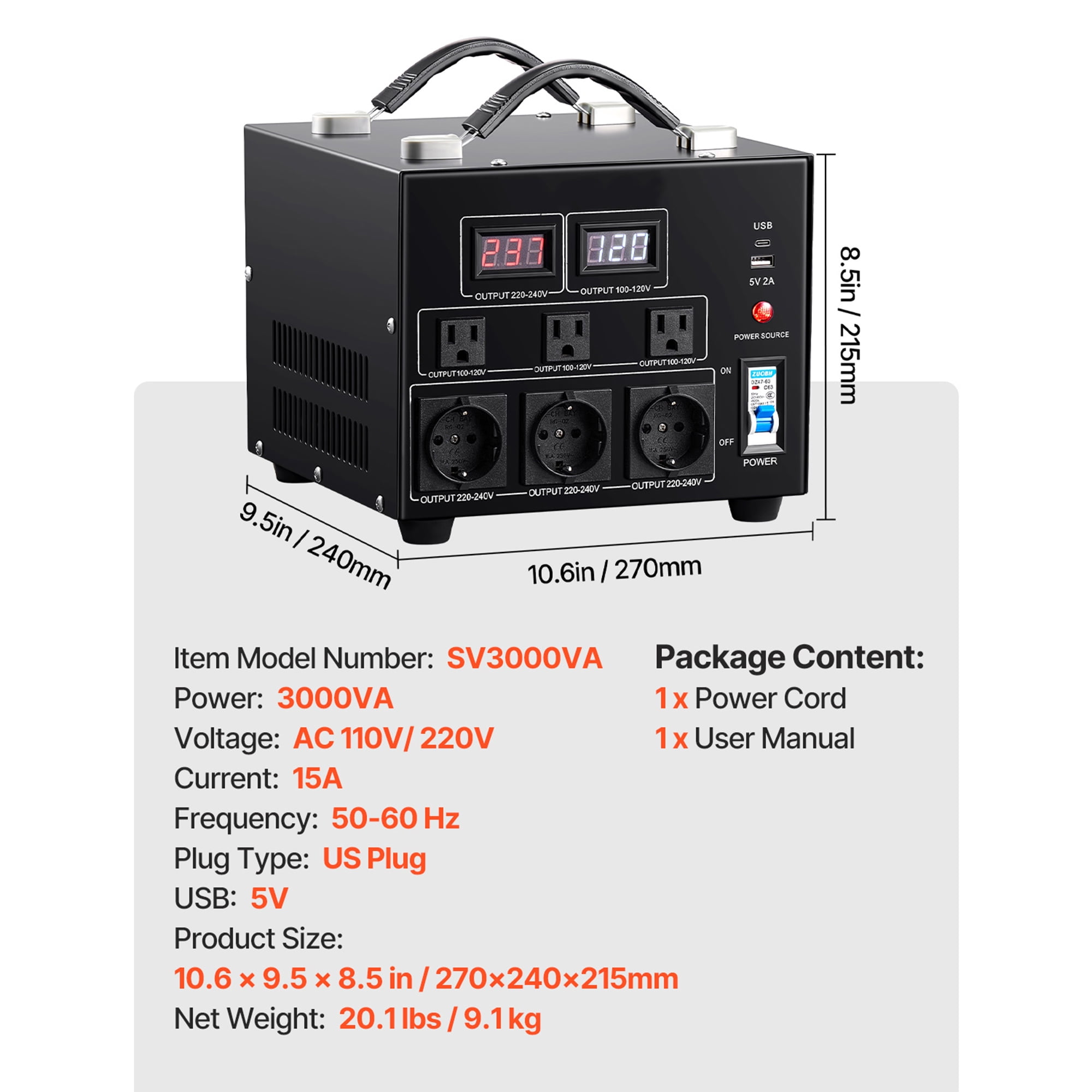 VEVOR Power Converter, 3000W, Durable Step Up/Down Unit, Switches between 110V and 220V, Includes US and EU Outlets plus 5V USB, CE Approved