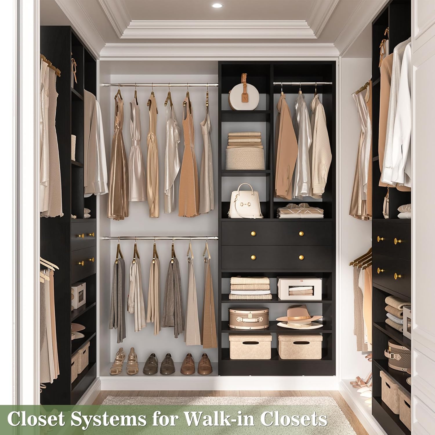 Homieasy Closet System, 2.4–8.8 FT Closet Organizer System with 2 Drawers, 5 Hanging Rods and Shoe Racks for Walk-in Closet, Bedroom, Black