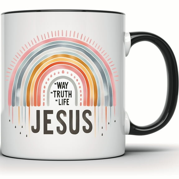 Jesus The Way The Truth The Life Rainbow Mug | Christian Faith Inspirational Coffee Cup | Religious Gift for Her - 11 Ounce Black Rim Handle Novelty Coffee Cup - WMUG1549-BLK
