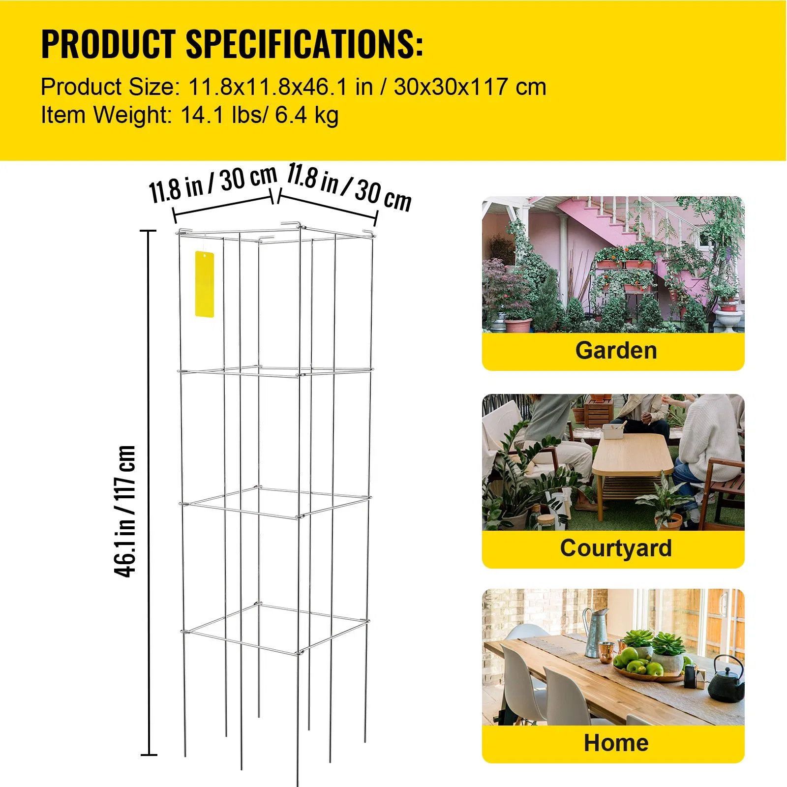Set of 5 Tomato Cages 11.8x11.8x46.1 Inches,Durable Silver PVC-Coated Steel Support Towers for Climbing Vegetables,Flowers,and Fruits