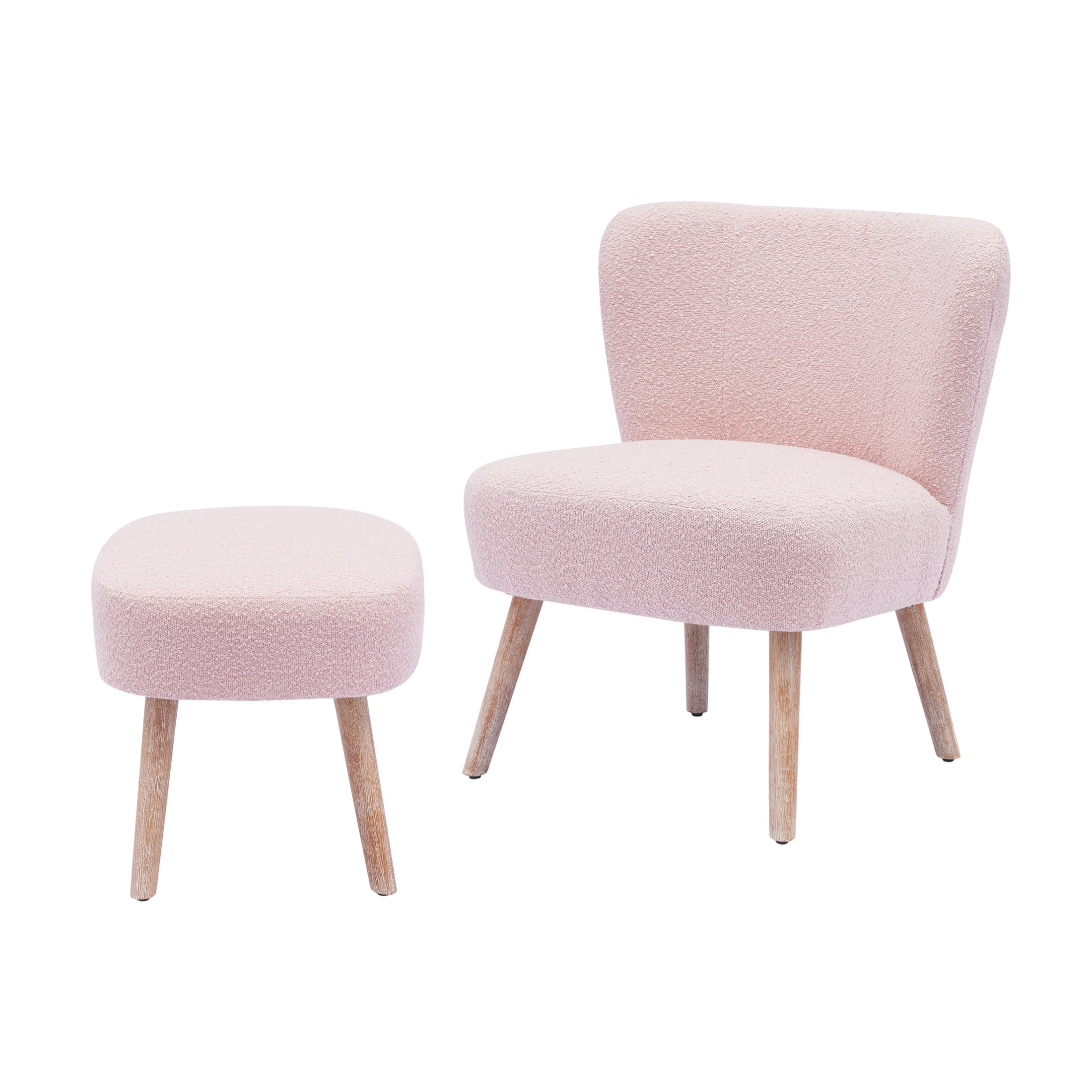Modern 2PC Set Wide Wingback Accent Chair in Water and Stain Resistant Boucle Upholstered Fabric and Ottoman, Dusty Peach