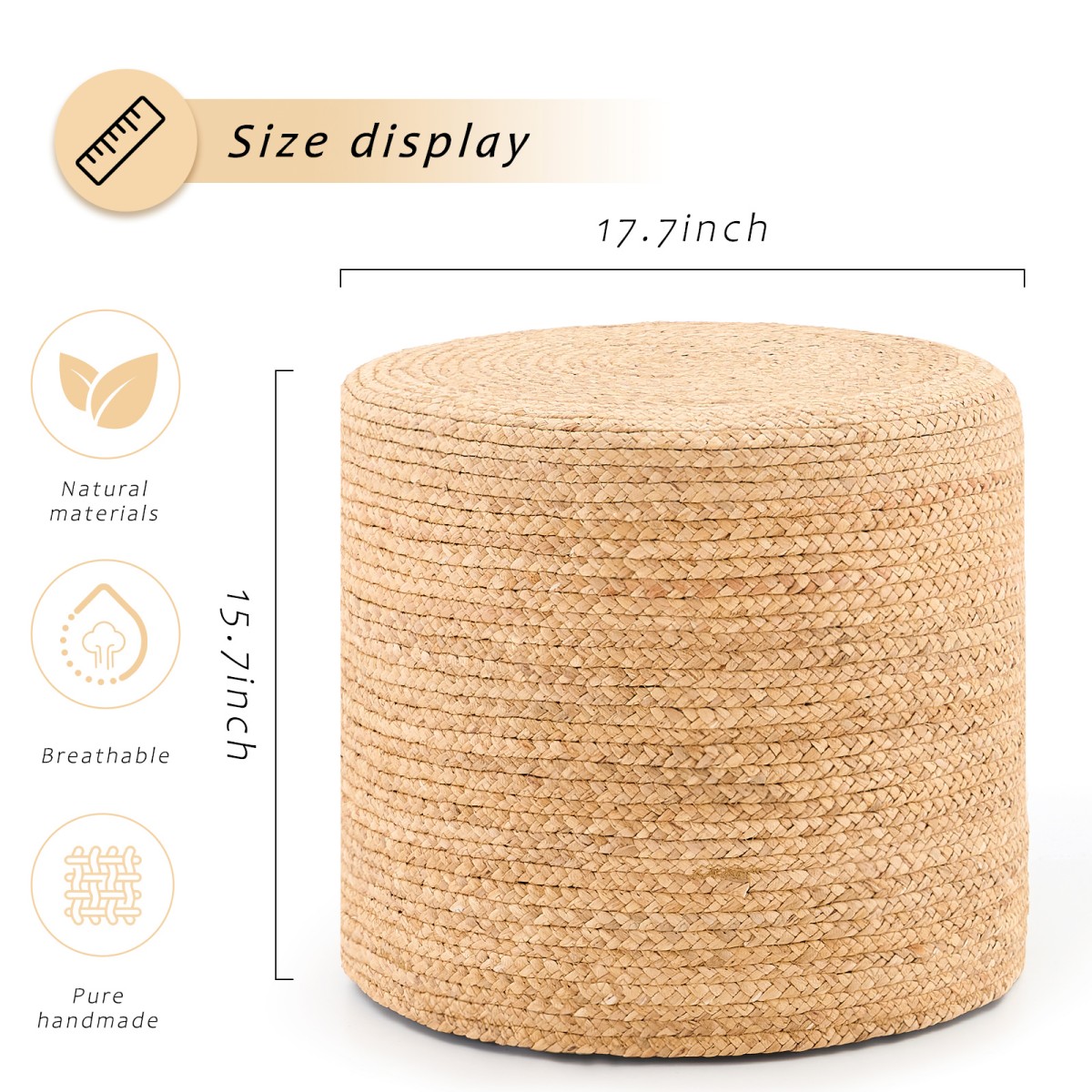 IVV Natural Water Hyacinth Round Ottoman, 17.7-Inch Handmade Woven Foot Stool End Desk with Wooden Frame for Living Room & Bedroom
