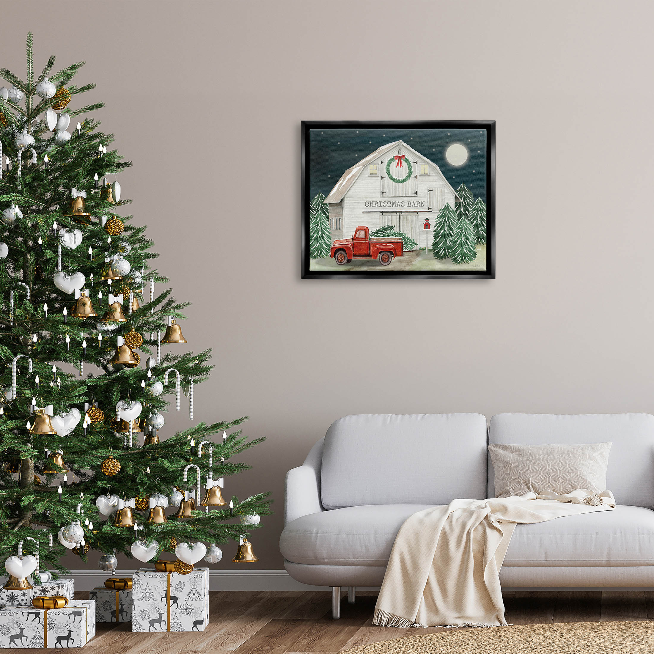 Nighttime Christmas Barn Farm Holiday Graphic Art Jet Black Framed Art Print Wall Art