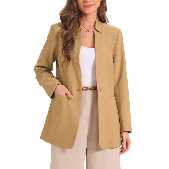 BLAZER DE OFICINA CON SOLAPA Y CUELLO EN V DE MANGA LARGA PARA MUJERES INSPIRAR CHIC, ABIERTO EN FRONTAL, FORRADO, CON DOS BOLSILLOS, TALLA XL, COLOR MARRÓN