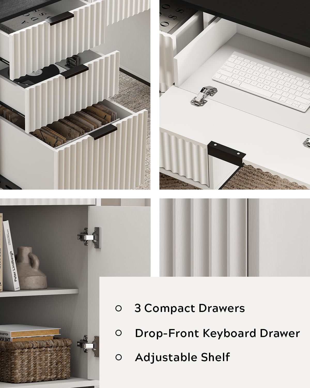 Joyyskill Fluted Executive Desk with File Drawer, 55" Large Computer Desk with Storage and Charging Station, Modern Wooden Home Office Desk White