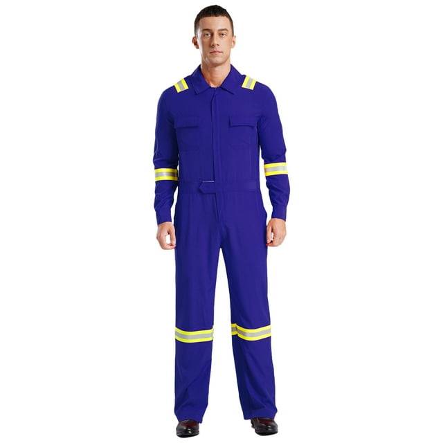 iefiel Combinaison de Sécurité Haute Visibilité pour Homme, Col Rabattu, Manches Longues, une Pièce, Tenue de Travail, Bleu, M