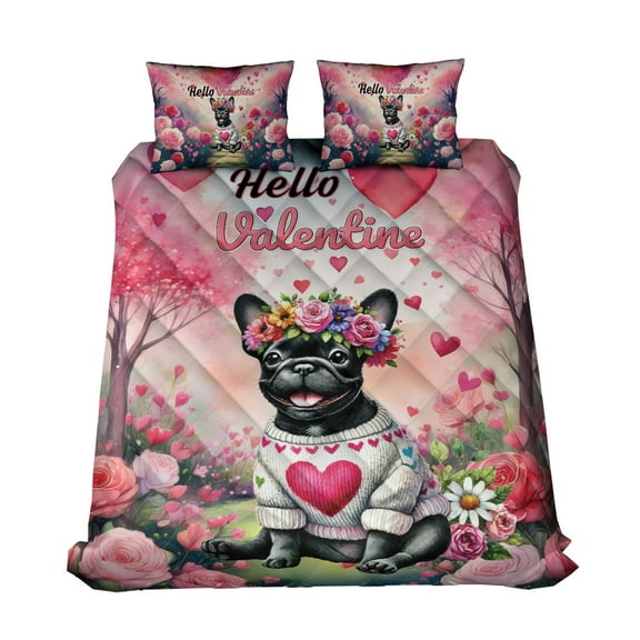 Hello Valentine’s Day French Bulldog Flower Crown Romantic Pink Floral Quilt Bedding Set Dog Lover Gifts 1 Blanket Bed Cover 2 Pillowcases - 00031