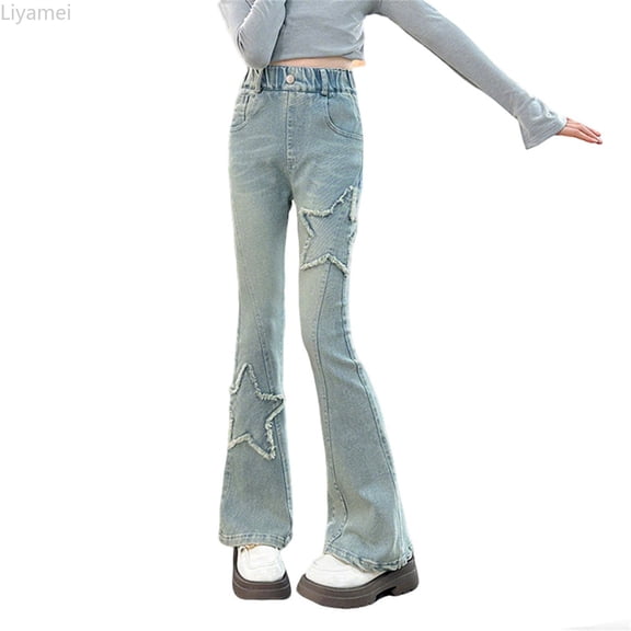 Liyamei Girls Denim Bottom Pants Flared Trousers With Star Slim Fit Stretch Jeans For Teen Tweens Fall Fashion Size 3-4 Years