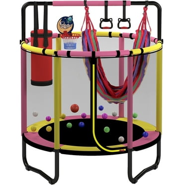 Mini Round Trampoline for Kids with Basketball Hoop, SEGMART 55'' Indoor Outdoor Toddler Trampoline with Enclosure Net, Swing, Sandbag, Ring, Ocean Balls, Small Trampoline Gift for Boys Girls, Pink