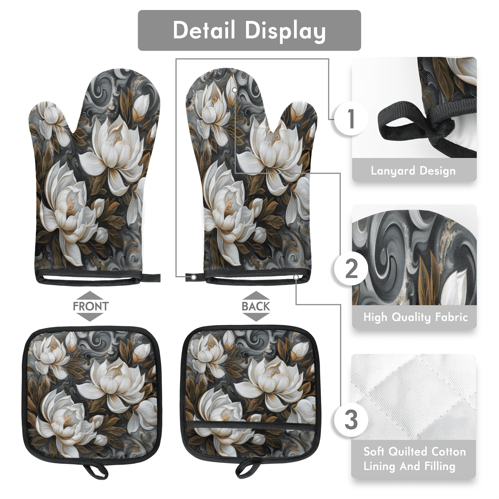 CURLYOOT Magnolia Flowers Print Oven Mitts and Pot Holders Sets of 2, Non-Slip Washable Hot Pads and Oven Gloves for Kitchen Cooking Baking