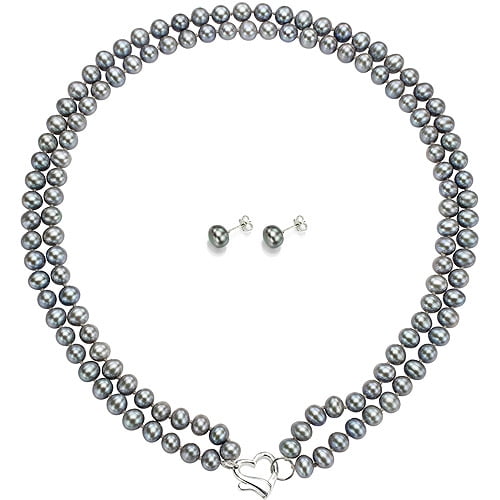 Double Row 6-7mm Grey Freshwater Pearl Heart-Shape Sterling Silver Clasp Necklace (18") with Bonus Pearl Stud... by Jacqueline's Collection