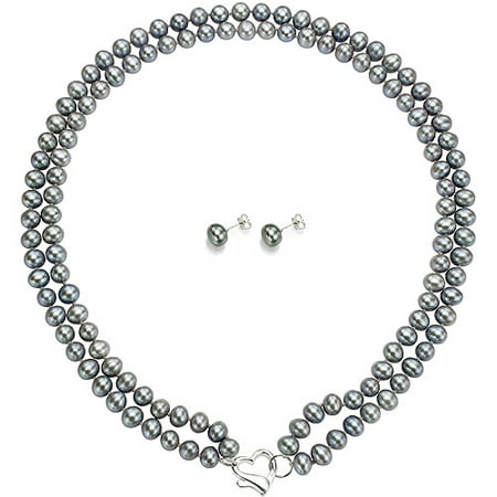 Double Row 6-7mm Grey Freshwater Pearl Heart-Shape Sterling Silver Clasp Necklace (18) with Bonus Pearl Stud Earrings