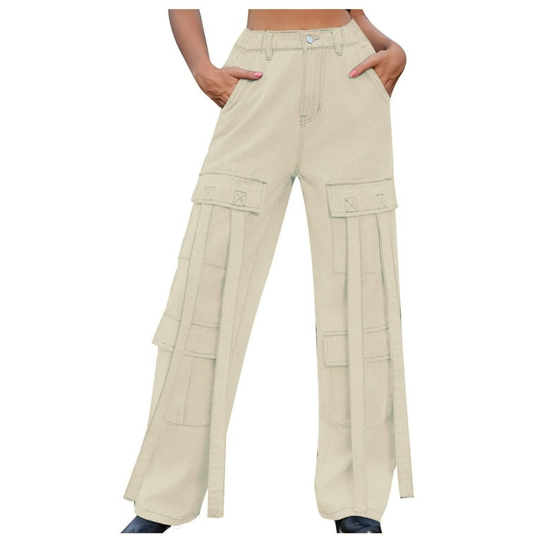 TMOYZQ Denim Cargo Pants for Women, High Waisted Wide Leg