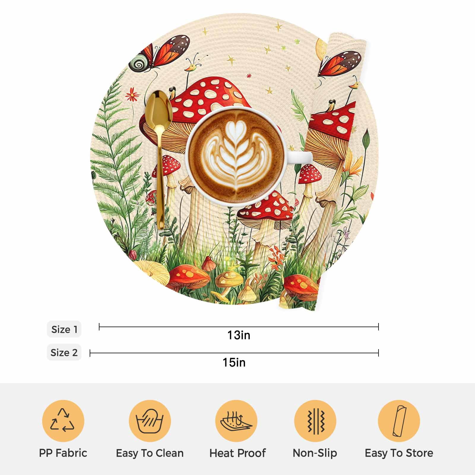 Red Mushroom Round Placemats Set of 4 Watercolor Spring Summer Floral Place Mats Indoor Woven Table Mats Washable Heat-Resistance Braided Dining Table Placemats for Kitchen Party Decor 13 Inch