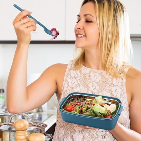 JUNCHI-Adult Bento Lunch Box Kit Bento Boxes Portable Lunch Box Adult Bento Box with Lunch Bag Bento Lunch Containers for Women 1200ml Large Capacity Lunchbox BPA-Free(Blue Metal)