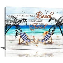 Beach Wall Art Ocean Coastal Wall Decor Beach Chairs Palm Trees Pictures Canvas Prints Beach Seagull Seashell Painting Modern Artwork Home Decoration for Bathroom Bedroom Living Room 16"x12"