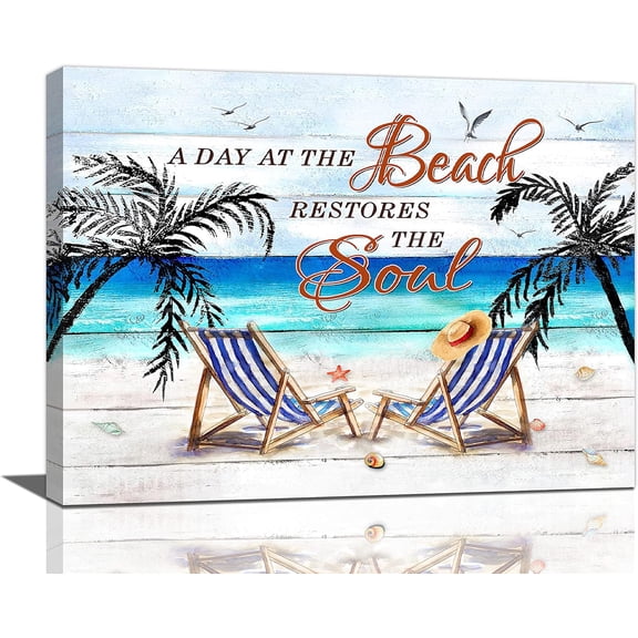 Beach Wall Art Ocean Coastal Wall Decor Beach Chairs Palm Trees Pictures Canvas Prints Beach Seagull Seashell Painting Modern Artwork Home Decoration for Bathroom Bedroom Living Room 16"x12"