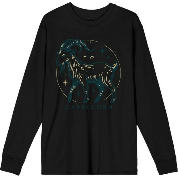 Capricorn Zodiac Sign Adult Black Crew Neck Long Sleeve Tee-Medium
