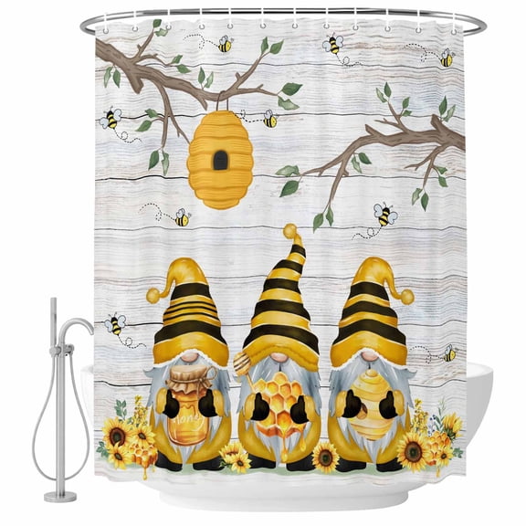 Yellow Bees Gnomes Shower Curtain, Waterproof Shower Curtains for Bathroom, Spring Floral Branches Wooden Washable Fabric Bathtub Curtain Set Bath Decor with 12 Hooks 72"x78"