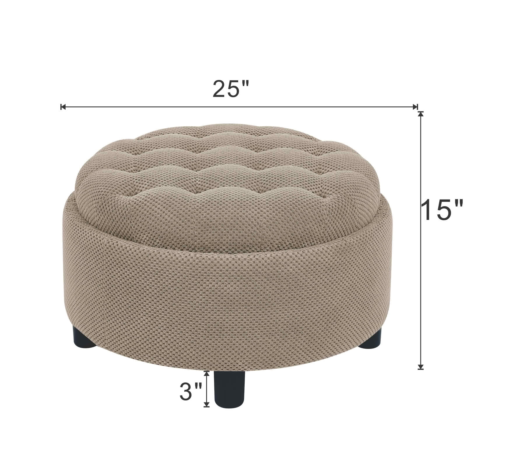 MAYEERTY 25 In Round Storage Ottoman with Tray, Tufted Fabric, Coffee Table Ottoman, Camel