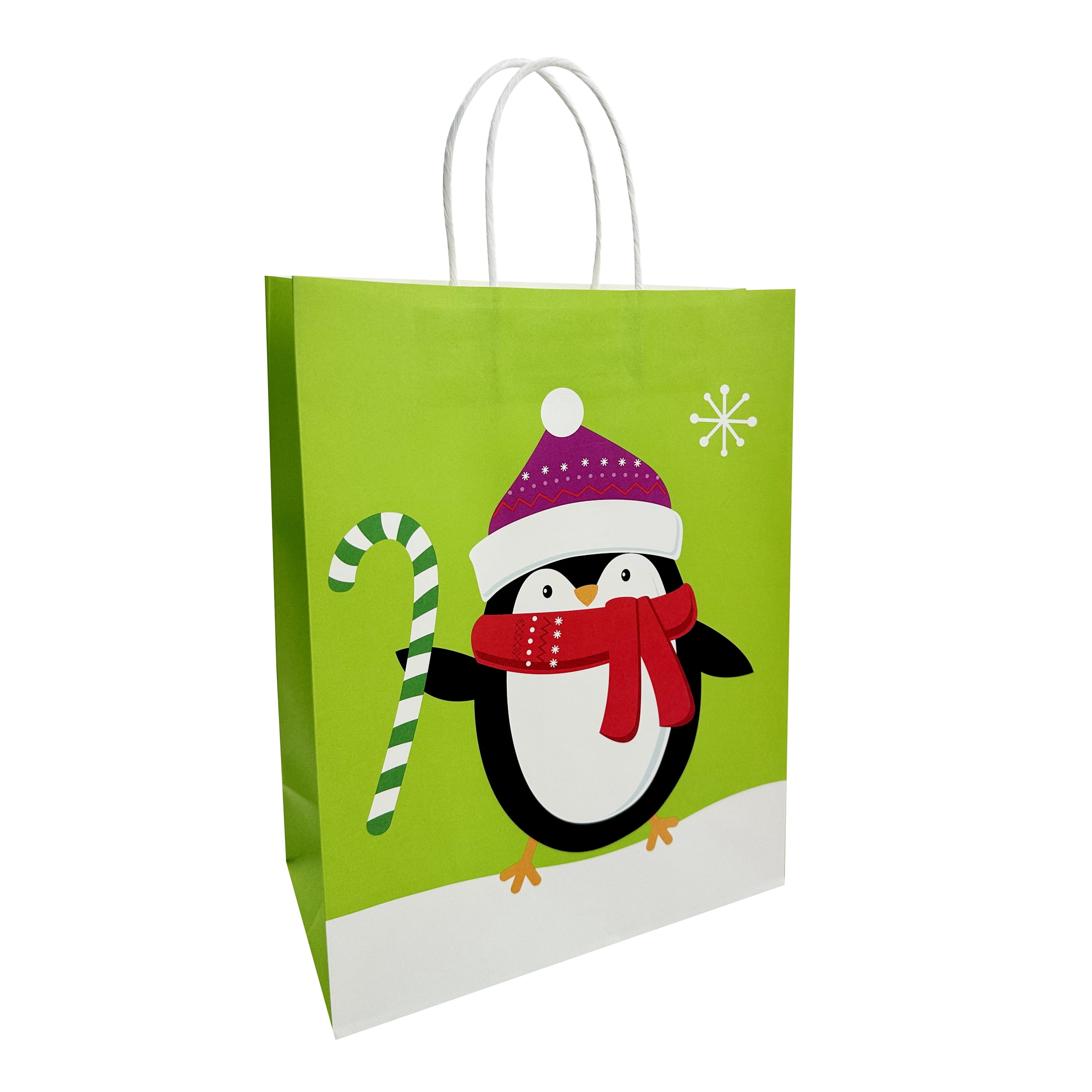 Holiday Time Christmas Gift Paper Bag, Green Penguin, Red Snowman, Merry Christmas, Green Santa, Blue Candy cane, Blue JOY, Large, 10x5x13in