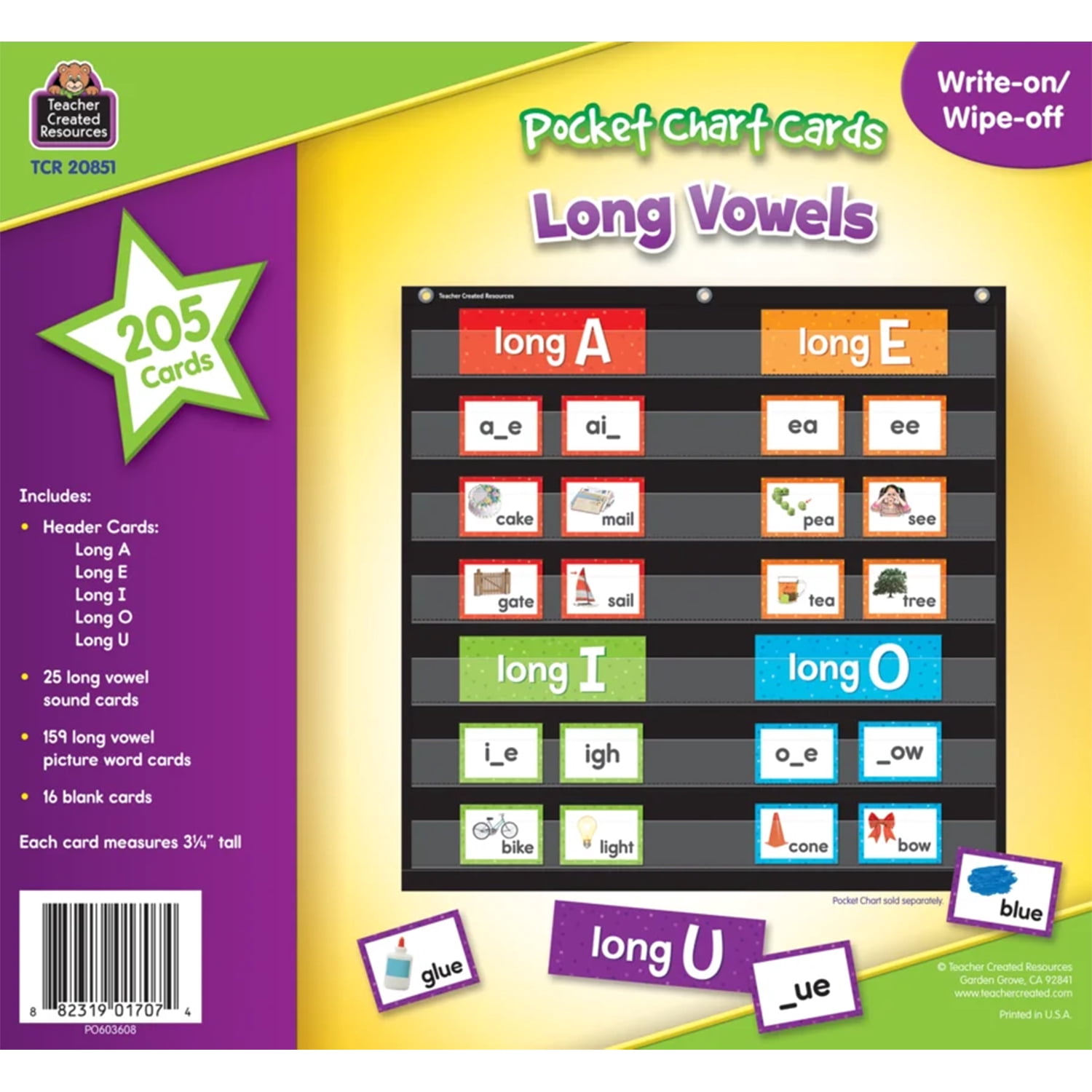 Teacher Created Resources Long Vowels Pocket Chart Cards, 205 Pieces Per Pack, 2 Packs