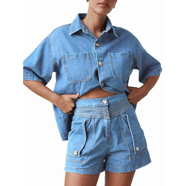 Conjuntos de 2 Piezas para Mujer: Camisa Vaquera Azul de Corta con Botones y Pantalones Cortos de Mezclilla de Cintura Alta. Azul XL