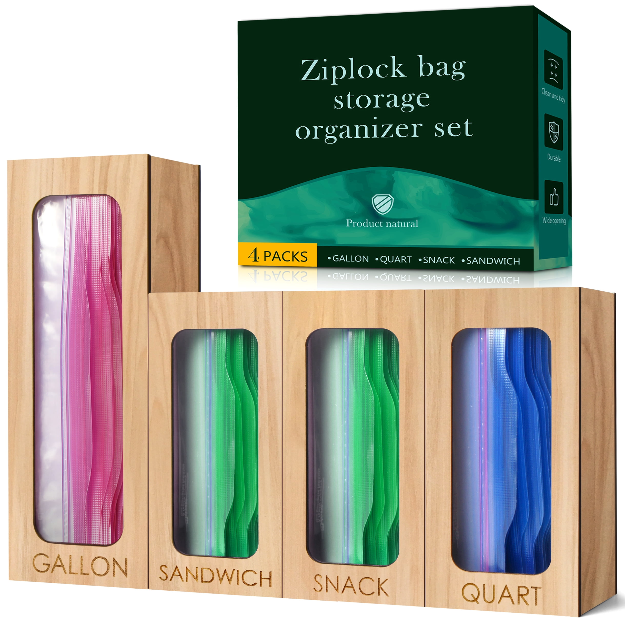 Ziplock Bag Bamboo Storage Organizer for Kitchen Drawer Wooden Dispenser  Food Storage Bag Holder Baggie Organizer Compatible with Gallon Quart  Sandwich and Snack Plastic Variety Size Bags By Dharmagic 